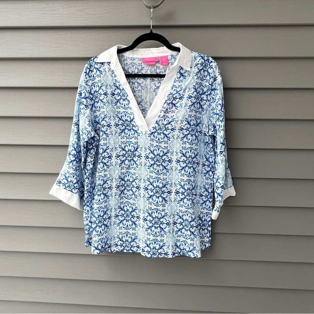 Isaac Mizrahi Linen Tunic Top M Coastal Grandma Light Blue V Neck